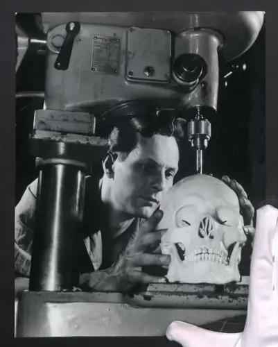Fotografie Helmut Raddatz, Berlin-Weissensee, Skulpteur stellt menschlichen Schädel her, Anatomie, Grossformat 23 x 29cm