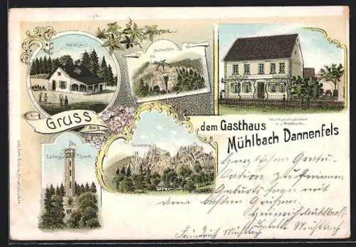 Lithographie Dannenfels, Gasthaus und Bäckerei v. J. Mühlbach, Gasthaus Waldhaus, Falkenstein