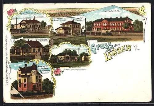 Lithographie Lübben /N.-L., Verwaltungs-Gebäude Lübben Cottbuser Kreisbahn, Staatsbahnhof, Anschluss-Bahnhof