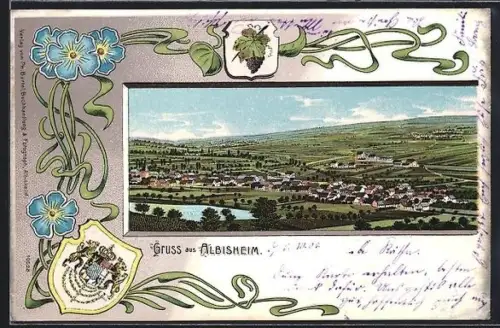 Lithographie Albisheim, Totalansicht aus der Vogelschau, Wappen, Blumen
