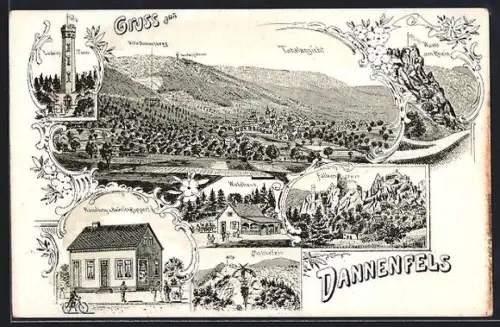 Lithographie Dannenfels, Gasthaus Waldhaus, Handlung von Heinrich Ruppert, Moltkefels