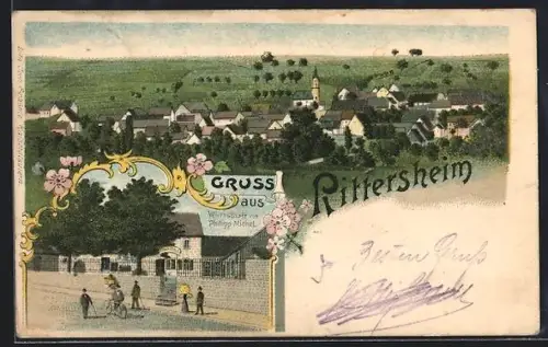 Künstler-AK Rittersheim, Gasthaus von Philipp Michel, Teilansicht mit Kirche