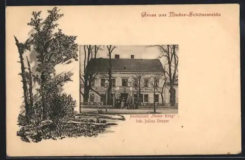 Lithographie Berlin-Niederschöneweide, Nieder-Schöneweide, Restaurant Neuer Krug Julius Dreyer, Passepartout