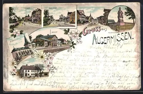 Lithographie Algermissen, Gasthaus zur Post, Gasthaus zum Bahnhof, Kirche