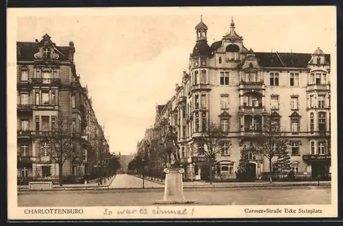 AK Berlin-Charlottenburg, Carmer-Strasse Ecke Steinplatz mit Standbild