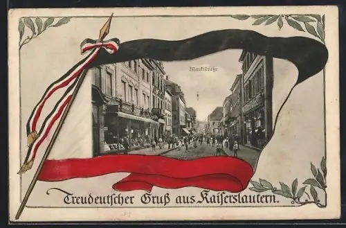 AK Kaiserslautern, Marktstrasse mit Geschäften in Fahne, Passepartout