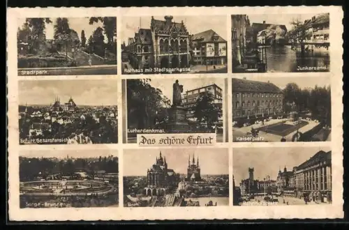 AK Erfurt, Stadtpark, Rathaus mit Stadtsparkasse, Dom, Lutherdenkmal, Kaiserplatz, Sorge-Brunnen