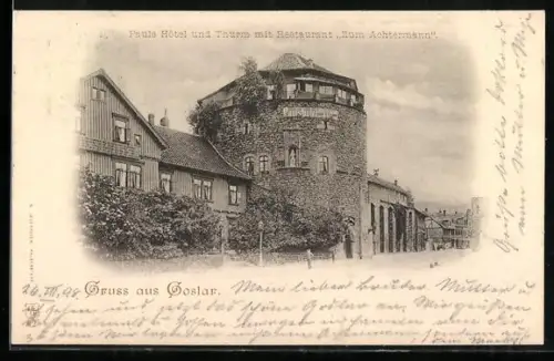 AK Goslar, Pauli Hotel und Turm mit Restaurant Zum Achtermann