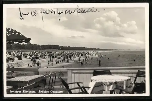 AK Zinnowitz, Brücken-Gaststätte, Terrasse, Strand, Badegäste