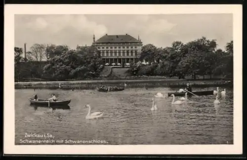 AK Zwickau i. Sa., Schwanenteich mit Schwanenschloss