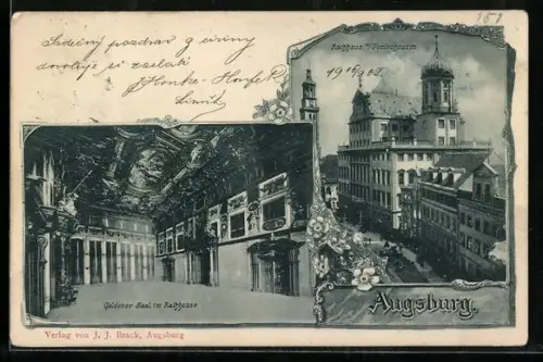 AK Augsburg, Perlachturm und Goldener Saal im Rathause