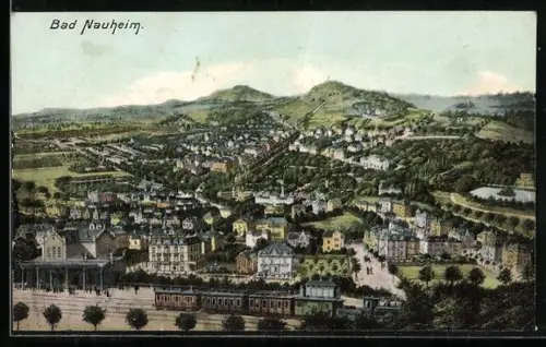 Künstler-AK Bad Nauheim, Teilansicht mit Bahnhof