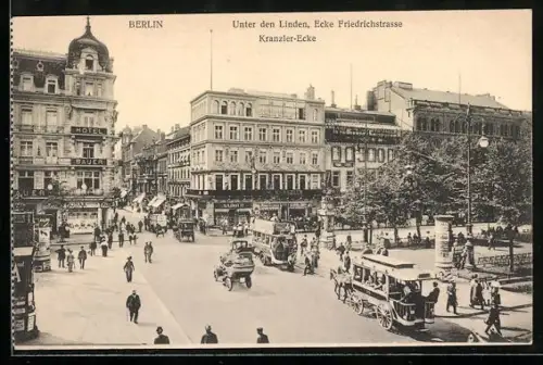 AK Berlin, Unter den Linden Ecke Friedrichstrasse, Kranzler-Ecke, Hotel Bauer, Pferde-Omnibus