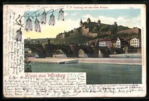 Lithographie Würzburg, Festung mit der alten Brücke
