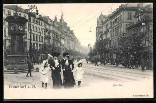 AK Frankfurt a. M., Die Zeil, Strassenszene mit Uhr