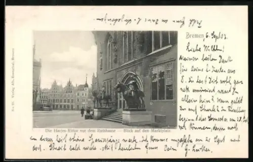AK Bremen, Hanse-Ritter vor dem Rathaus, Blick auf den Marktplatz