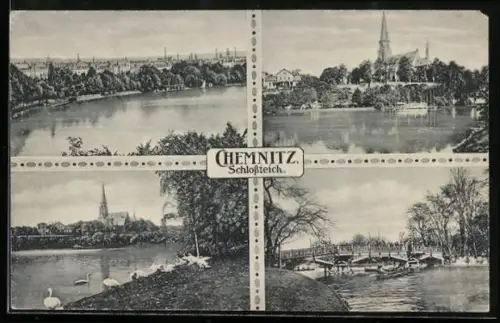 AK Chemnitz, Schlossteich, Brücke, Stadtansicht