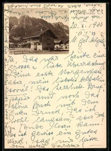 AK Untergrainau, Haus mit Rundelement, Ortspartie, Berge