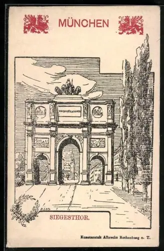 Lithographie München, Siegesthor mit Strasse, Wappen