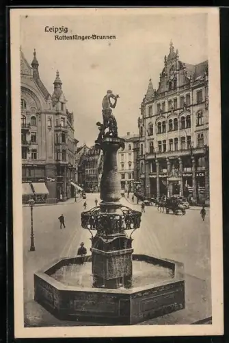 AK Leipzig, Rattenfänger-Brunnen mit Umgebung und Geschäfte