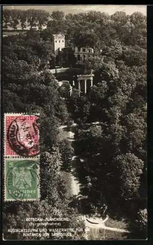 AK Potsdam, Ruinenberg, Aussichtsturm u. Wasserwerk, Fliegeraufnahme