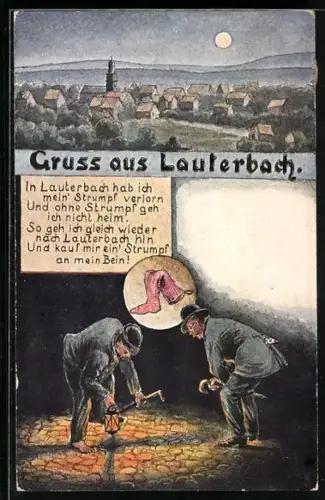 Künstler-AK Lauterbach / Hessen, Ortsansicht, Suche nach verlorenem Strumpf