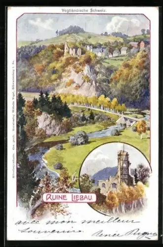 Künstler-AK Pöhl, Ruine Liebau, Panorama
