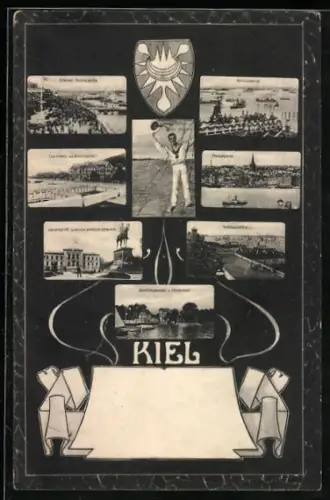 AK Kiel, Düsternbrook u. Fährhaus, Strandpromenade, Winkender Matrose, Wappen