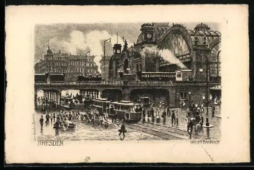 Künstler-AK Dresden, Hauptbahnhof mit Strassenbahnen