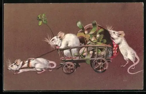 AK Drei Mäuse transportieren einen Steinpilz in einem Wagen, Mistel, Glücksklee