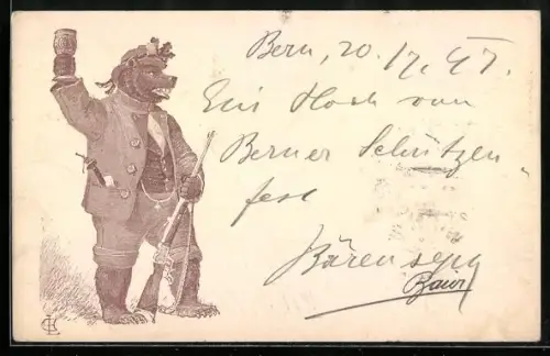 Lithographie Bär als Schütze mit Pokal