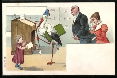 Lithographie Abschiedsszene mit Storch, Kind und Eltern