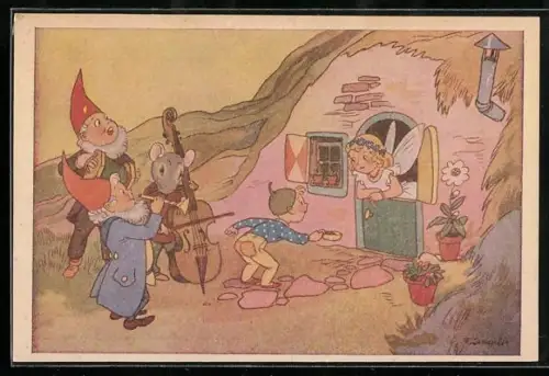 AK Wichtel bringt Elfe ein Ständchen, Maus am Cello, Zwerge