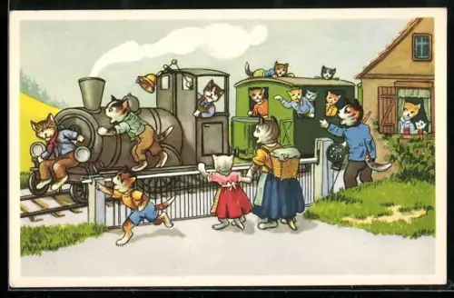 AK Katzenkinder toben verrückt auf einer Eisenbahn herum, vermenschlichte Tiere