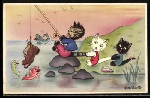 AK Katze beim erfolglosen Angeln, lachende Fische