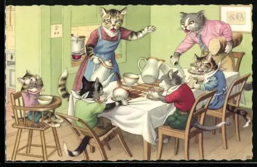 AK Katzenkind am Familientisch hat Kakao verschüttet