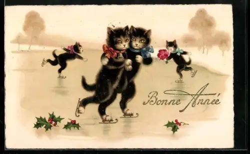 AK Katzen beim romantischen Schlittschuhlauf, Neujahrsgruss