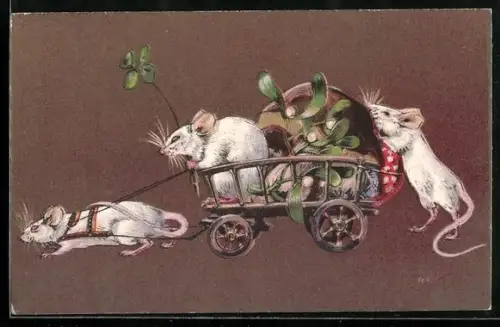 AK Mäuse mit Karren beim Transport eines Steinpilzes, Glücksklee