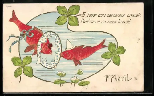 AK Rote Fische mit Hut schwimmen durch einen Reifen, Gruss zum 1. April
