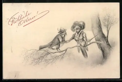 AK Zwei Singvögel im Frack begrüssen sich, Ostergruss