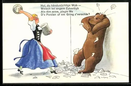 AK Ehefrau wirft Geschirr nach braunem Bär / dem Gatten
