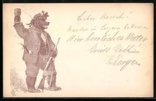AK Bär als Schützenkönig mit Pokal u. Gewehr
