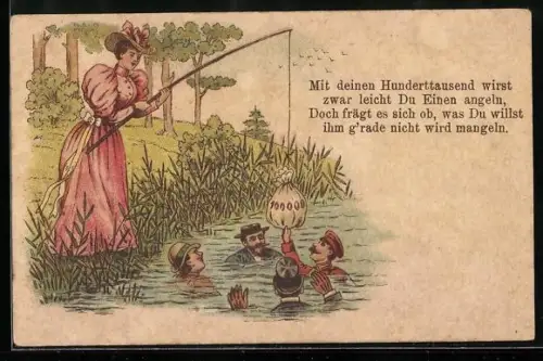 Lithographie Junge Dame angelt nach Junggeselle mit Geld