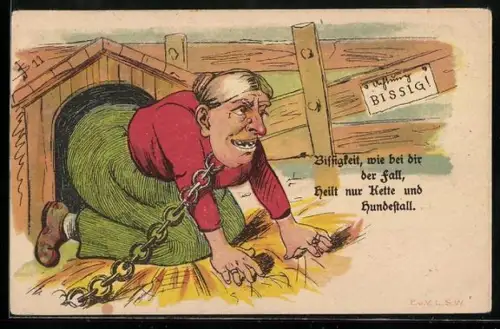 Lithographie Bissige Frau an Kette vor Hundestall