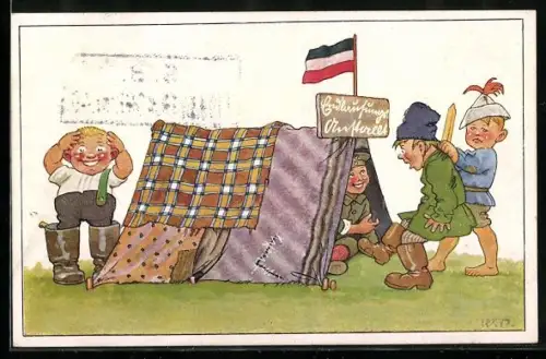 Künstler-AK sign. U. Oertel: Kinder als Soldaten mit Zelt und Gefangenem