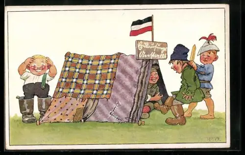 Künstler-AK sign. U. Oertel: Kinder als Soldaten mit Zelt und Gefangenem