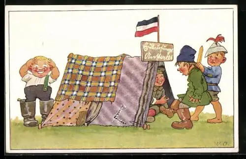 Künstler-AK sign. U. Oertel: Kinder als Soldaten mit Zelt und Gefangenem