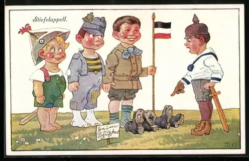 AK Beim Rapport, Knaben spielen Krieg