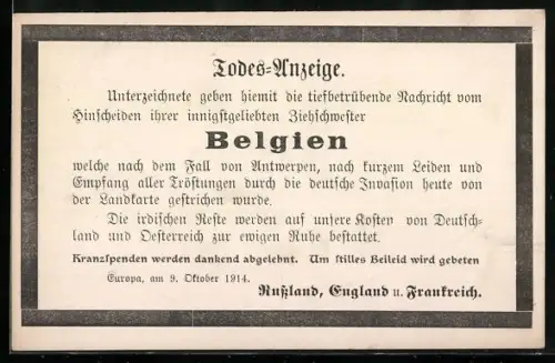 AK Todesanzeige Belgien, Absender Russland, England u. Frankreich