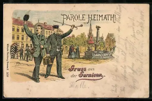 Lithographie Parole Heimath!, Feiernde Reservisten